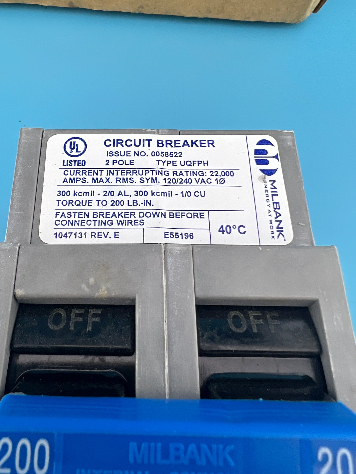 Milbank 200 Amp 2 Pole Type UQFPH Circuit Breaker 240VAC UQFPH200 Zinsco *NEW