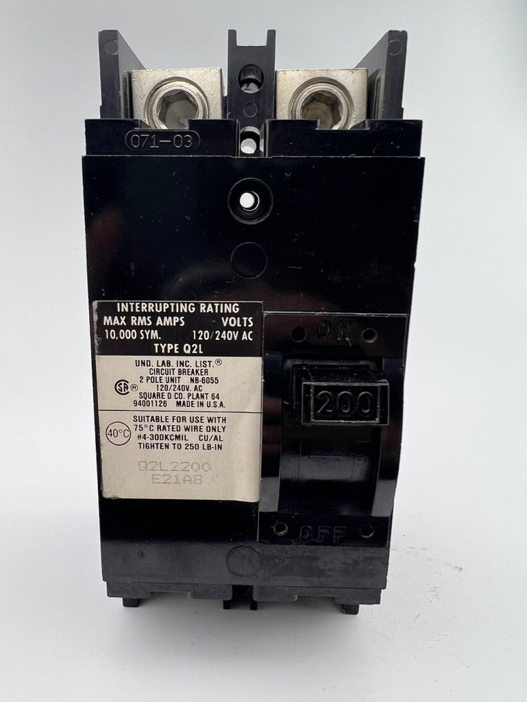 Square D Q2L2200 200 Amp 2 Pole Circuit Breaker Type Q2L 240VAC Main 200A 2P