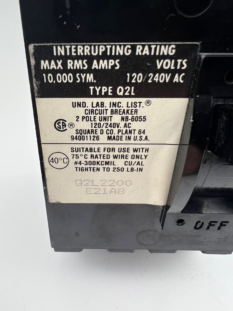 Square D Q2L2200 200 Amp 2 Pole Circuit Breaker Type Q2L 240VAC Main 200A 2P