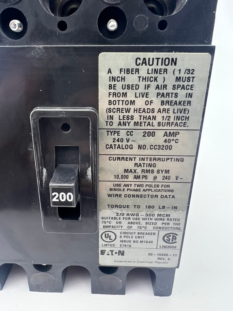 Eaton CC3200 200 Amp 3 Pole Circuit Breaker Type CC 240V 200A 3P *NEW No Packaging