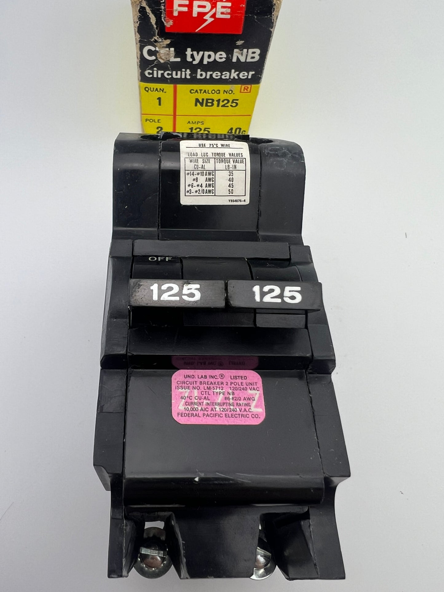 Federal Pacific 125 Amp 2 Pole NB Circuit Breaker FPE NB125 240V 125A 2P *NEW
