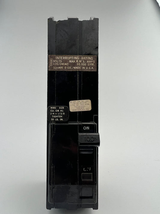 Square D Q12100TF 100 Amp 2 Pole Circuit Breaker Type Q1TF Top Feed 240VAC