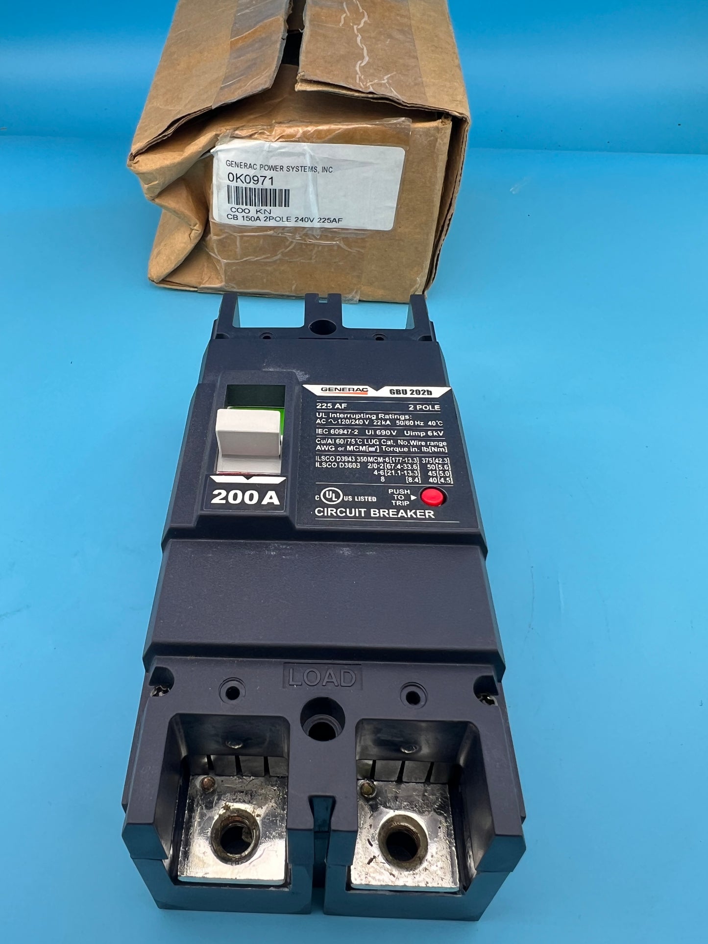 Generac GBU 202b 200 Amp 2 Pole Circuit Breaker 120/240V 225AF 2P 200A
